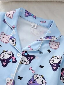 SHEIN 女童甜美可愛優雅休閒日常舒適藍色小貓兔子蝴蝶結卡通印花前開襟長袖上衣與長褲兩件套 柔軟親膚針織面料家居服 - 淺藍色 - 查看 5