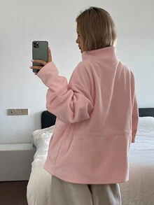 DAZY Women's Colorblock Half-High Neck Button-Front Loose Drop Shoulder Long Sleeve Casual Versatile Sweatshirt - Pink - View 2
