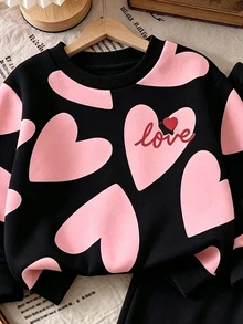 SHEIN Playful Pals 女嬰字母與愛心圖案長袖衛衣褲子套裝 - 彩色 - 查看 3