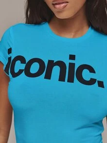 MUSERA 圖案印花「Iconic」修身圓領短袖T恤 春夏度假節慶日常穿搭 可愛外出休閒 Y2K 風格 - 藍色 - 查看 3