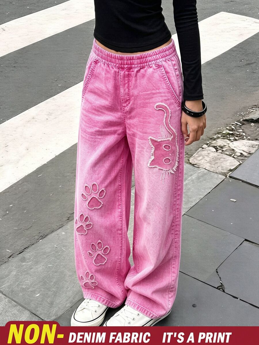 SHEIN Sparklyn 青少年女孩彈性腰拼接休閒百搭日常長褲 - 粉色 - 查看 1