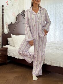 CottageSlumber Plus Size Romantic Striped Floral Print Petal Sleeve Collared Top And Long Pants Pajama Set - Mauve Purple - View 4
