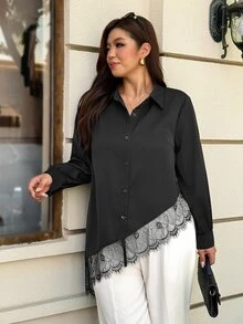 Easura Plus Size Women's Lace Patchwork Casual Daily Wear Blouse - Black - View 4