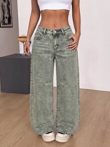 SHEIN PETITE Women's Casual Daily Denim Jeans With Pockets And Buttons - Army Green - View 5