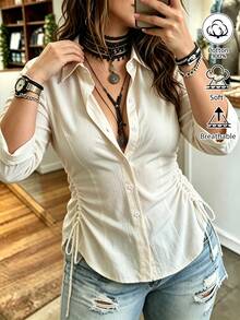 Weeklong Plus Size Women's Autumn/Winter Waist Ruched Drawstring Casual Commute Blouse - Apricot - View 4