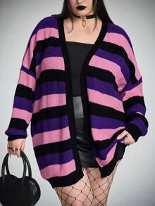 SHEIN CURVE+ 大尺碼哥德龐克萬聖節多色條紋羊毛針織開襟衫，女款秋冬針織衫 - 彩色 - 查看 3
