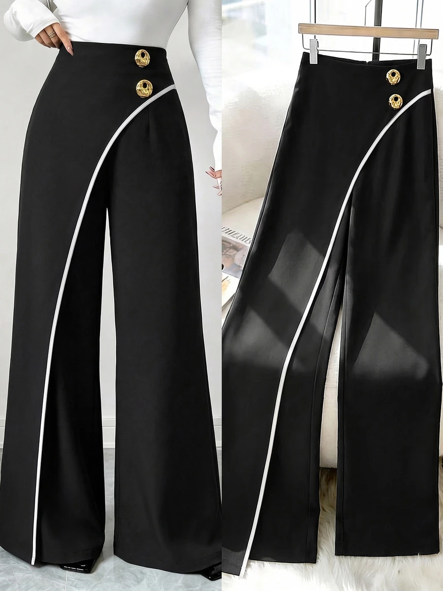 Modelyn Niche Design Black Wide Leg Pants For Women With 2 Gold Buttons Contrast Color Line Drape Suit Pants Slimming Long Pants - Black - View 1