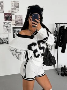 Jeanoix Hot Girl American Style 23 Letter Loose Knit Sweater + Striped Knit Shorts Casual 2 Pieces Set - White - View 3