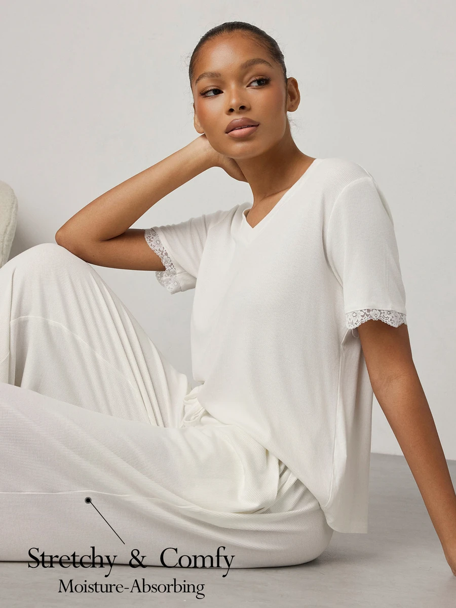Ocili Women's Solid Color Minimalist Daily V-Neck Comfortable Soft Lace Short Sleeve Drawstring Long Pants Pajama Set - White - View 1