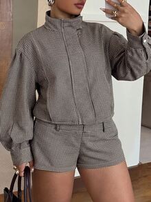 Muchica Plus Size Plaid Button Long Sleeve Jacket And Shorts 2 Pieces Set - Grey - View 3