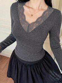 DAZY 春夏修身優雅蕾絲拼接情人節派對白色長袖女款T恤 - 深灰色 - 查看 4