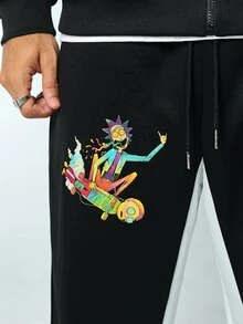 Rick and Morty X SHEIN Men's Letter Pattern Zip-Up Hoodie And Sweatpants Casual Daily Set - Black - View 9