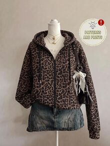 SHEIN EZwear 經典棕色豹紋拉鍊連帽衛衣，棕色調，秋季休閒街頭風，Y2K復古風格，適合日常穿著與度假 - 彩色 - 查看 1