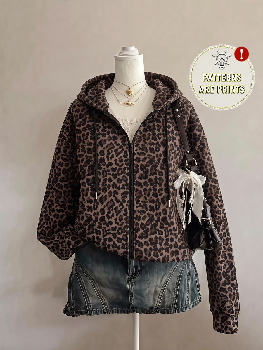 SHEIN EZwear 經典棕色豹紋拉鍊連帽衛衣,棕色調,秋季休閒街頭風,Y2K復古風格,適合日常穿著與度假 - 彩色 - 查看 1