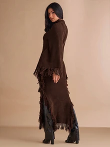 Silquee 女款純色高領流蘇袖口修身優雅高質感針織洋裝，秋季毛衣穿搭流蘇黑色，秋季夜晚 - 巧克力棕 - 查看 2