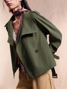 Easelle Vintage French Elegant Nomadic High Collar Cinched Waist Button Up Women Trench Coat Women Trench Coat Cinched Waist Office Everyday Olive Green Fall - Army Green - View 4