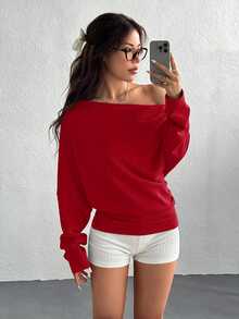 SHEIN EZwear 女款純色百褶不對稱領長袖連帽衛衣，畢業季/返校穿搭，畢業禮服，女教師服裝，秋冬返校 - 紅色 - 查看 6