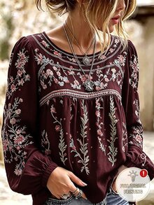 SHEIN 波希米亞復古休閒外出圓領花卉圖案襯衫 - 酒紅色 - 查看 1
