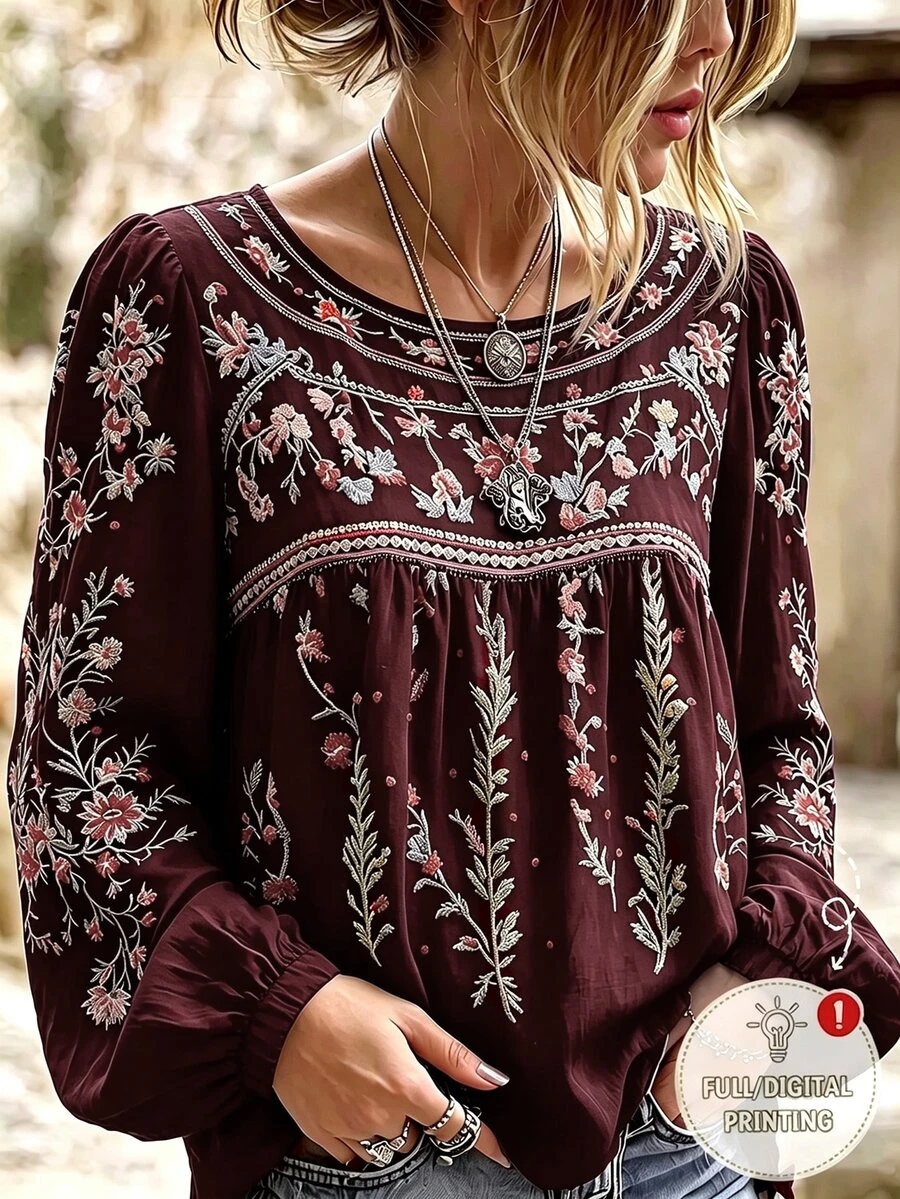 SHEIN 波希米亞復古休閒外出圓領花卉圖案襯衫 - 酒紅色 - 查看 1