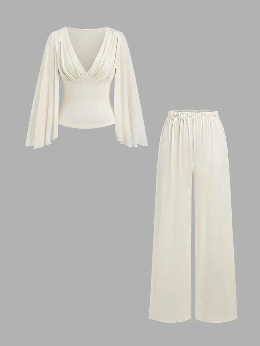 Sweetra Women's 2 Pieces Set V-Neck Pleated Long Sleeve Top And Long Pants - Apricot - View 1