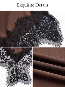SOLERSUN Plus Size Women's Lace Patchwork Asymmetric Shoulder Top And Pants Casual Elegant Daily 2 Pieces Set Fall Brunch Party Brown - Coffee Brown - View 8