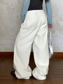 Livesso 女款標準中腰香蕉腿休閒長版牛仔褲 - 白色 - 查看 4