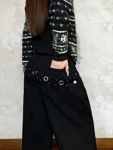DAZY Women's Washed Loose Fit Jeans With Eyelet Studs And Back Pocket Design - Black - View 1