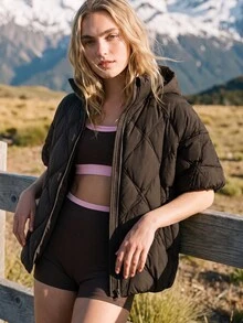 WanderVale Women's Quilted, Detachable Hood, Short Sleeve Batwing Sleeve Padded Coat, ,Brown, Diamond Stitch, Zip Up, Outdoor Fall Winter. - Coffee Brown - View 6
