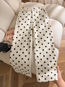 SHEIN 青少年女孩波點杏色寬鬆牛仔長褲 秋季 Y2K 時尚牛仔女郎風 哈洛威祭慶典穿搭 返校季 新年生日 白色 - 杏色 - 查看 2