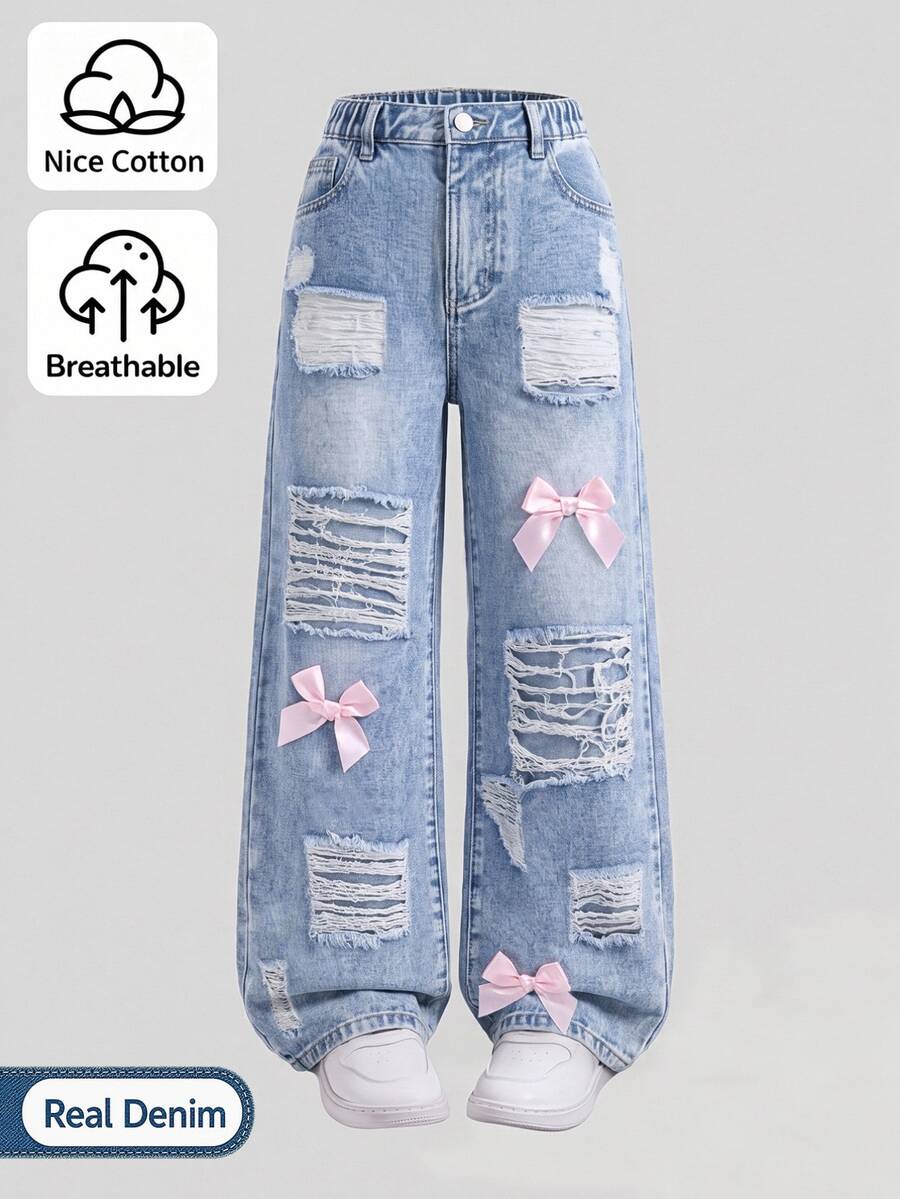 SHEIN Celana Jeans Anak Perempuan Gaya Y2K Manis & Keren, Warna Biru Muda Pudar, Pinggang Tinggi, Elastis, Potongan Lurus, Kaki Lebar, dengan Desain Sobek Besar dan Hiasan Pita Merah Muda, Celana Denim Fashion Streetwear Serbaguna - Medium Wash - View 1