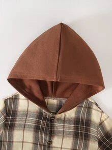 SHEIN Casuvi Kids 青少年男孩格紋長袖連帽襯衫 - 卡其色 - 查看 3