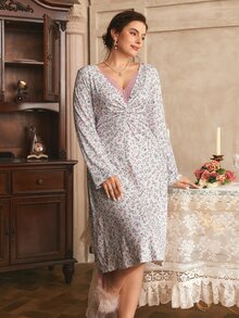 Côtesoire Mature Elegant French Noble Charm Intellectual Lace Patchwork Ruched Fitted Romantic Ditsy Floral Print Plus Size Nightgown - White - View 6