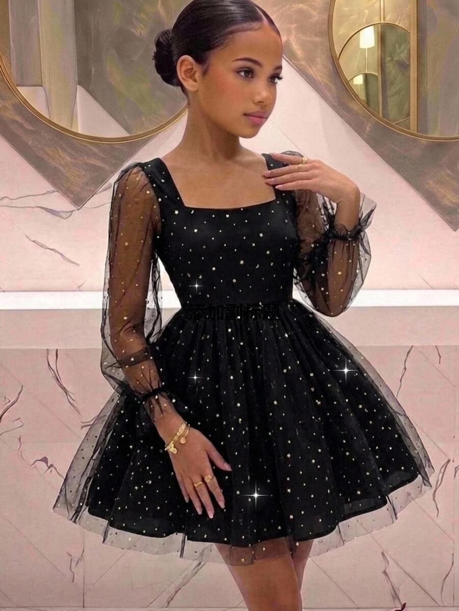 Pitira Gaun Anak Perempuan Remaja Warna Hitam, Modis, Elegan dengan Motif Bintang dan Bulan Emas, Lengan Panjang Jala, Cocok untuk Halloween atau Pesta. - Hitam - View 1