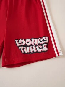 LOONEY TUNES X SHEIN Young Boy Letter Print Short Sleeve T-Shirt And Shorts Set - Red - View 7