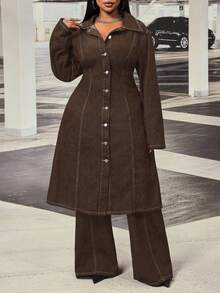 Slaydiva Plus Size Women's Non-Stretch Denim Long Jacket With Hollow Back Design, Cowboy Outfits For Women - Coffee Brown - View 3
