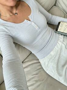 CovetEZ 95%棉女款條紋鈕扣設計長袖休閒T恤 - 彩色 - 查看 4