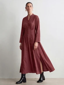 Aalyst Women's Front Design Accordion Pleated Linen Dress - Brown - View 3