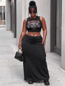 Slaydiva Plus Size Women Solid Color Drawstring Waist Casual Daily Skirt - Black - View 7