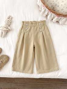 LMoss Kids Baby Girl Ruffle Waist Button Design Casual Denim Loose Long Pants - Khaki - View 5