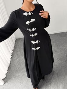 Elenzga مجموعة من قطعتين بأسلوب صيني جديد بأزرار على شكل ضفدع، رداء خارجي أنيق بأكمام واسعة طويلة مع فتحة عالية، بنطال بأكمام واسعة طويلة، بنطال واسع الساق، مناسب للتنقل والحفلات والعطلات والحفلات، ملابس وقورة، مجموعة بتصميم أزرار على شكل ضفدع أبيض متباين - الأسود - مشاهدة 2