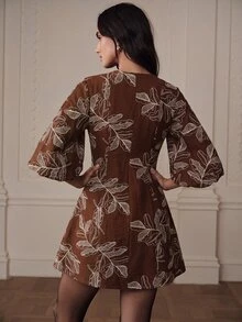 BELROSIE 女款迷你洋裝 A字版型 紋理梭織 金色鈕扣 燈籠袖 優雅棕色葉脈印花 秋季短裙 早午餐茶會穿搭 - 彩色 - 查看 6