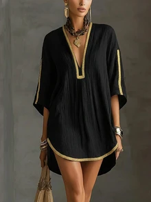 INAWLY Spring Summer Autumn Black Pleated Textured Fabric Plus Size Dress, Deep V-Neck Gold Trim Loose Vacation Style Dress, Luxury Bohemian Style Front Short Back Long Dress For Women - Black - View 1
