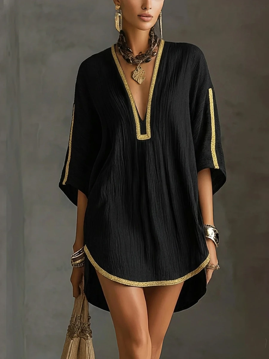 INAWLY Spring Summer Autumn Black Pleated Textured Fabric Plus Size Dress, Deep V-Neck Gold Trim Loose Vacation Style Dress, Luxury Bohemian Style Front Short Back Long Dress For Women - Black - View 1