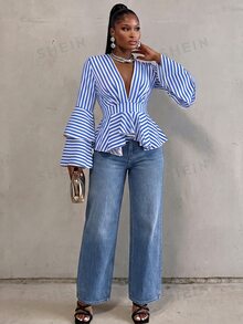 BamGlimmer Summer Autumn New Design, Deep V-Neck, Multi-Layer Ruffle Hem, Double-Layer Ruffle Sleeve Women's Blouse, Fashionable Vacation Casual Style, Suitable For Travel, Daily Wear, Back To School, Party And Gathering, Commute Versatile - Blue and White - View 3