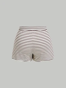 SHEIN MOD Plus Size Women Solid Color Short Sleeve Top And Striped Shorts 2 Pieces Set - Multicolor - View 12