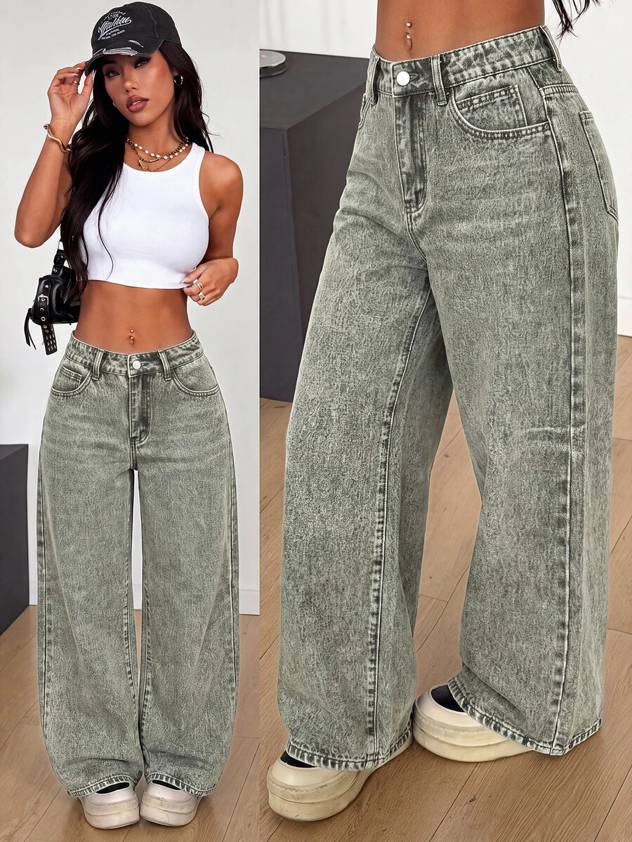 SHEIN PETITE Women's Casual Daily Denim Jeans With Pockets And Buttons - Army Green - View 1