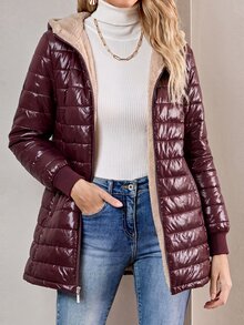 Aveloria Modichic 女款純色長袖拉鍊連帽抓絨休閒加厚棉服外套，冬季保暖衣物 - 中紫紅色 - 查看 1