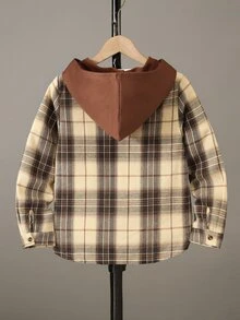 SHEIN Casuvi Kids 青少年男孩格紋長袖連帽襯衫 - 卡其色 - 查看 2
