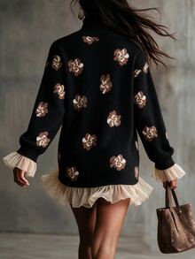 Omancia Elegant High Neck Ruffle Design Long Sleeve Women's Sweater - Black - View 2