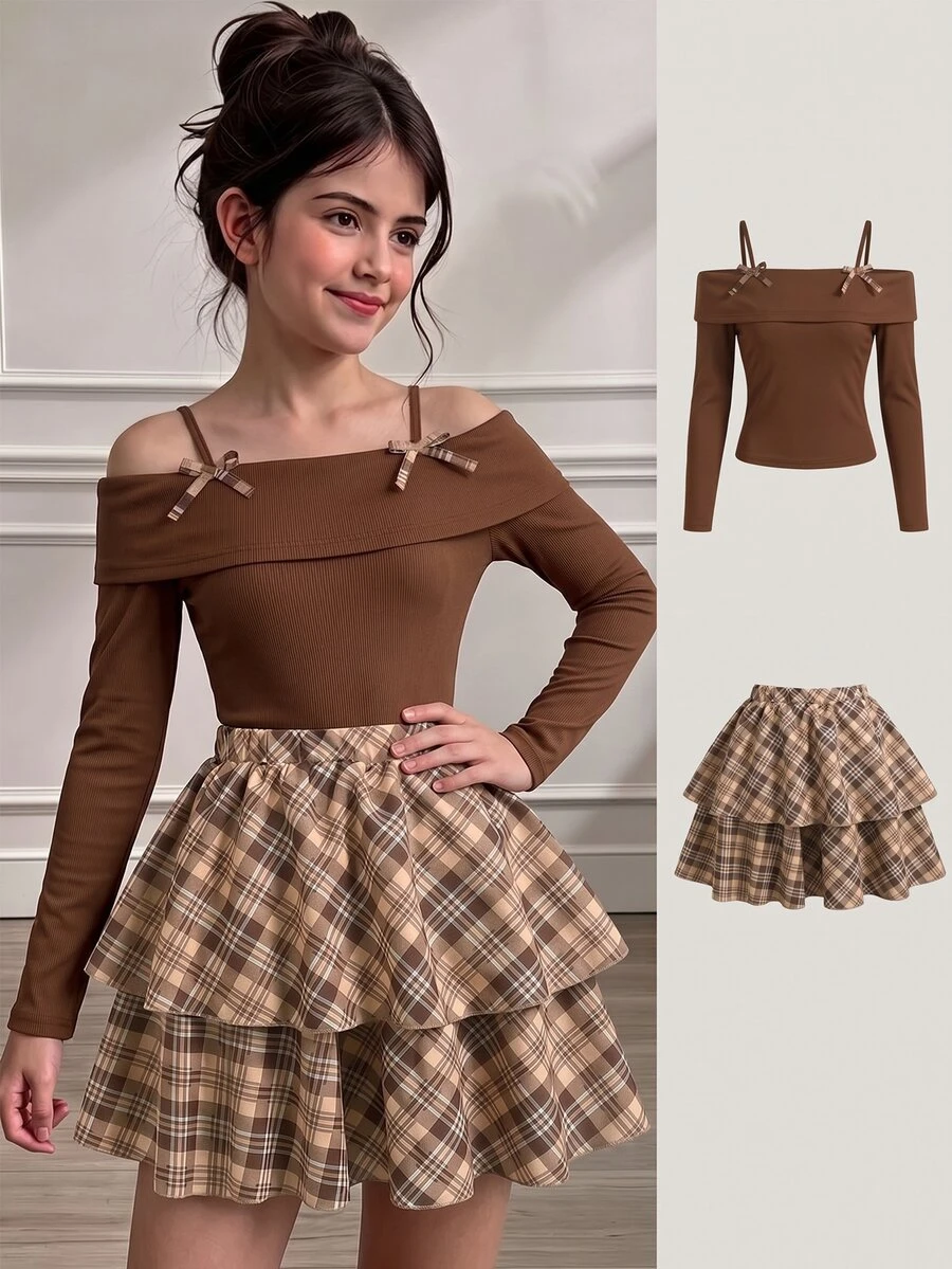 Sparklyn Set Pakaian Musim Gugur untuk Anak Perempuan Remaja: Atasan Musim Gugur 2pcs/Set, Leher Bulat, Modis, Elegan, Imut, Keren, Kaos Mini untuk Anak Perempuan - MultiWarna - View 1